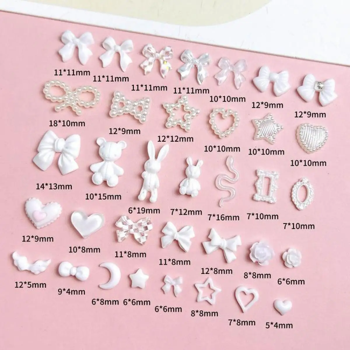 100PCS 3D Multiple Styles Solid White Mixed Nail Charms Resin Heart Wings Bowknots Nail Art Decorations Manicure DIY Accessories