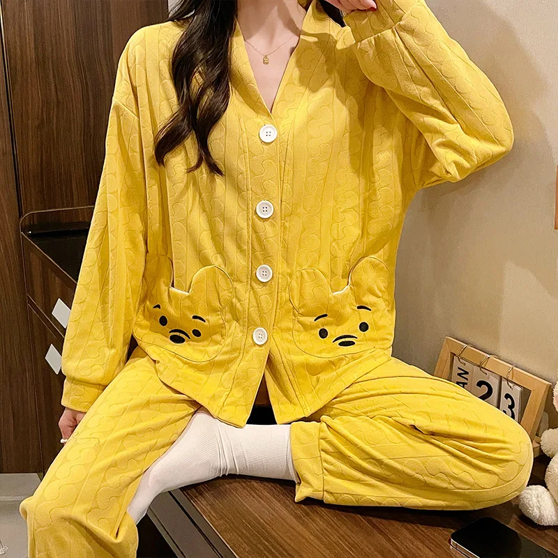 New Girl Pajamas Spring and Autumn Pajamas Women's V-neck Cardigan Cartoon Bear Printed Long Sleeve Casual Home Clothing Set