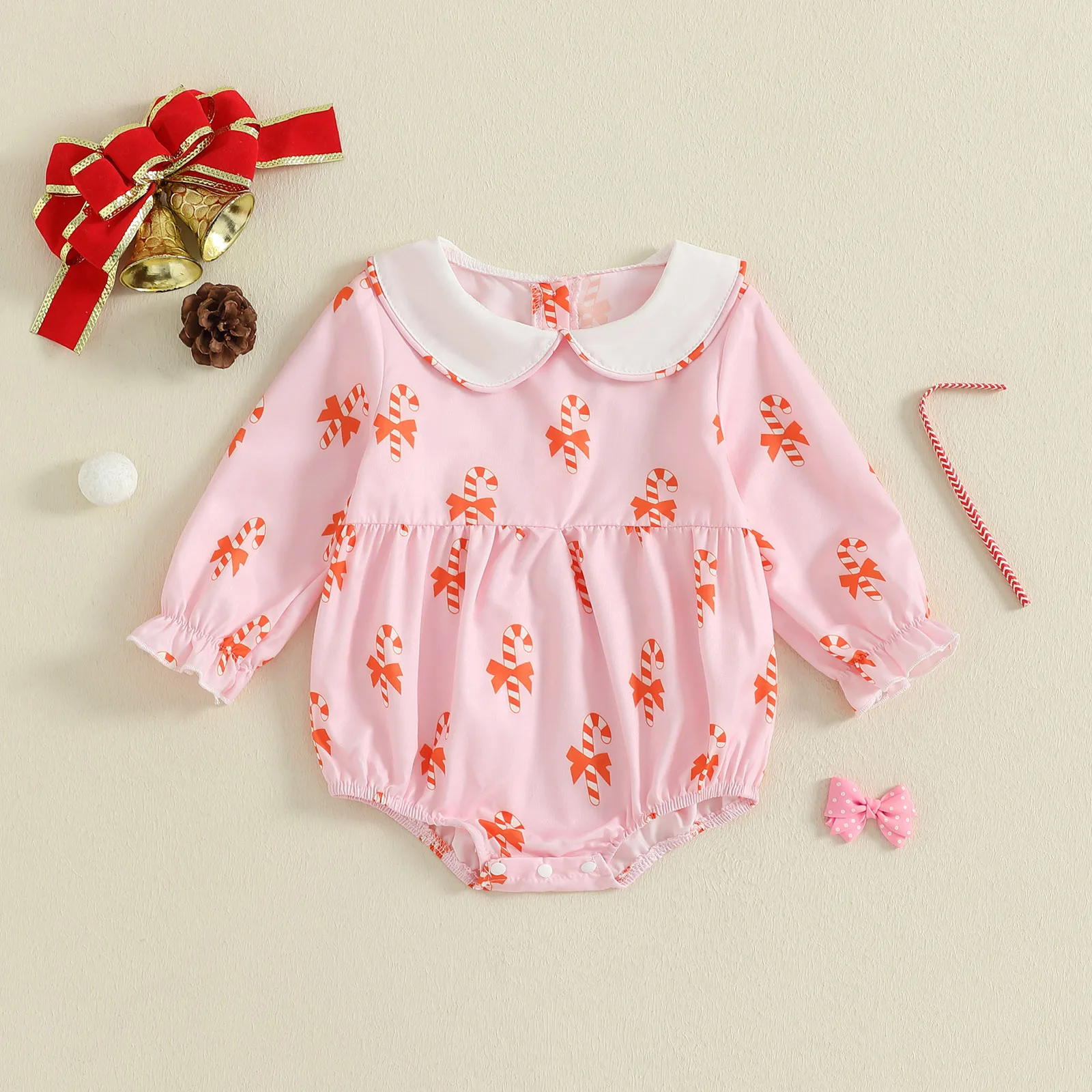 

SUNSIOM 0-18 Months Baby Girls Christmas Romper Candy Cane Print Doll Collar Long Sleeve Bubble Jumpsuit