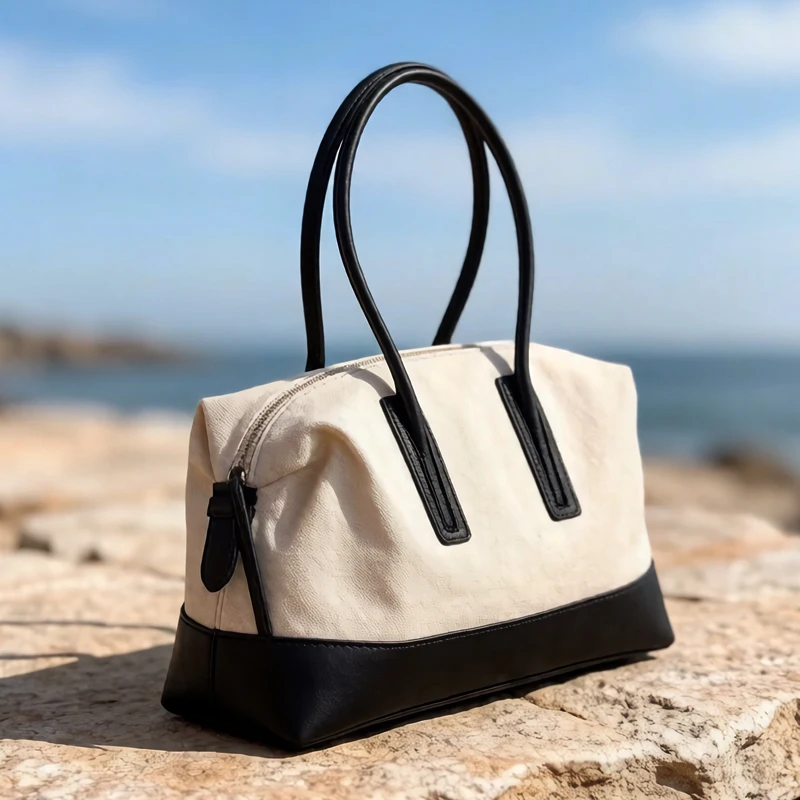Canvas Boston Bags For Women Luxury Designer Handbag Purses 2026 New in With Cowhide Large Capacity Top Handle Underarm Shoulder