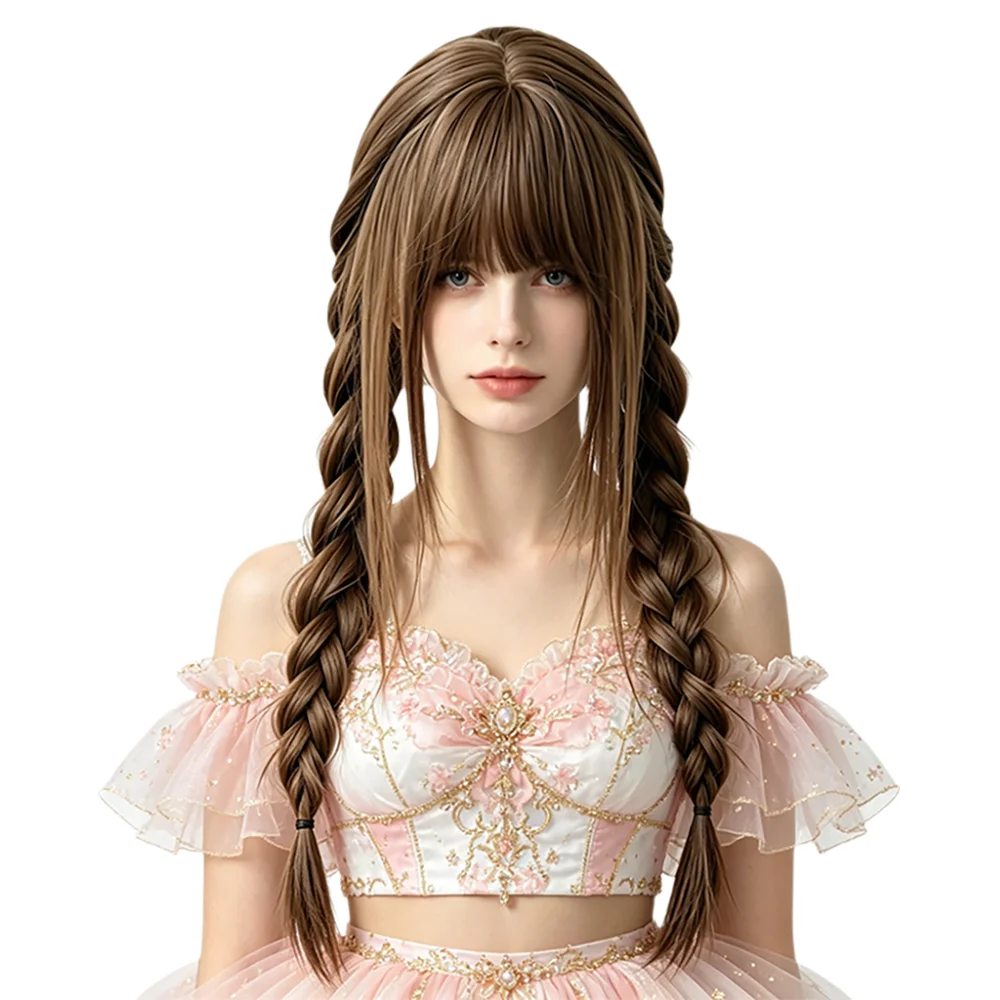 Brown Double Braids Wig With Bangs Protein Fiber Lolita Synthetic Hair Pre Styled Natural Looking For Women Daily Cosplay Party