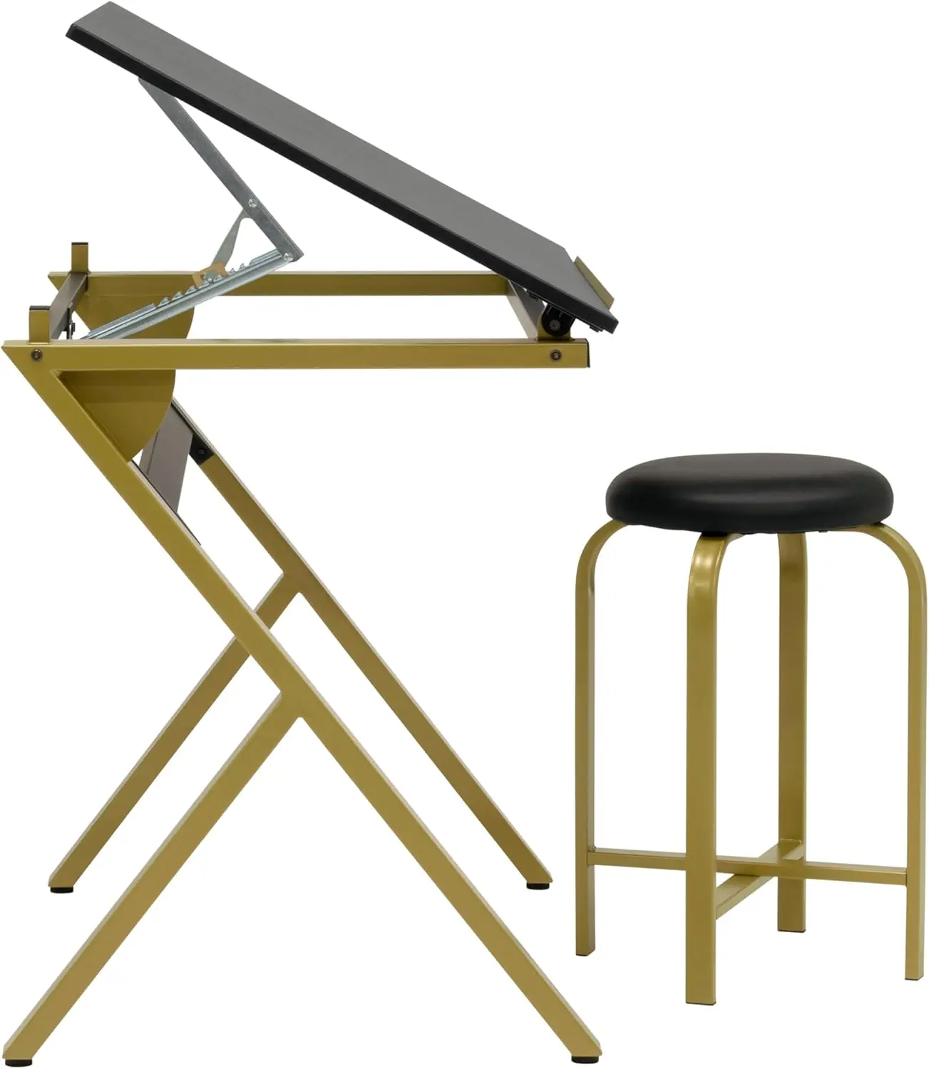 Stellar 36"" Wide Craft/Drawing Table With Adjustable Top And Padded Stool Set, Gold/Black