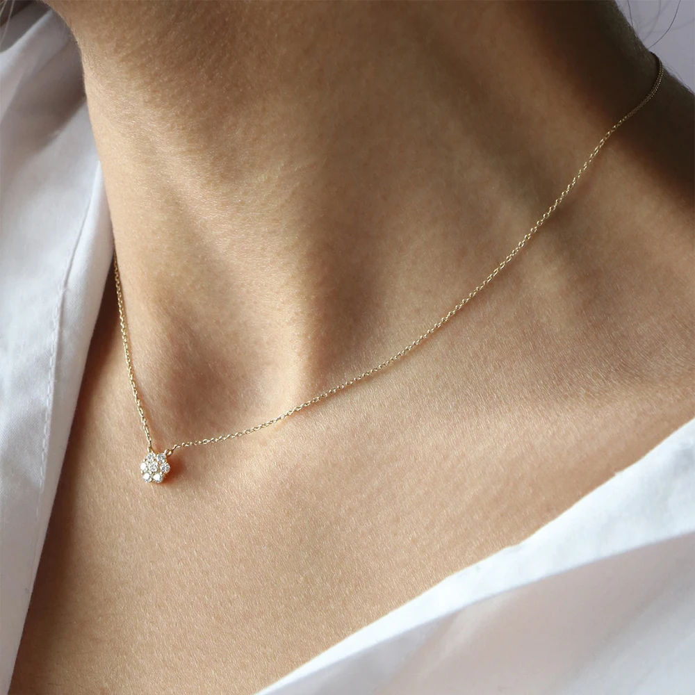 روكسي 925 فضة 6*6 مللي متر زهرة مستديرة قلادة القلائد للنساء الفيروز كريستال الذهب سلسلة حفلات الزفاف مجوهرات الحفلات