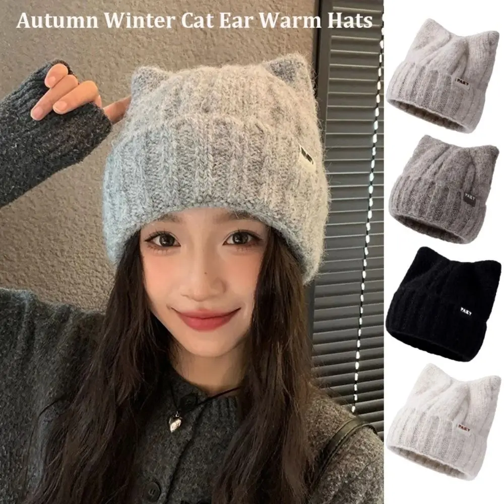 

Solid Color Fleece-lined Warmth Knitted Beanies Anti-cold Hip Hop Female Beanie Caps Outdoor Cat Ear Warm Ear Protection