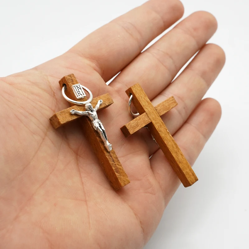 Walnut Cross Bitter Image Pendant Rosary Accessories Wood Pendants for Making DIY Jewelry Necklace 45x27mm Rosarios Catolicos