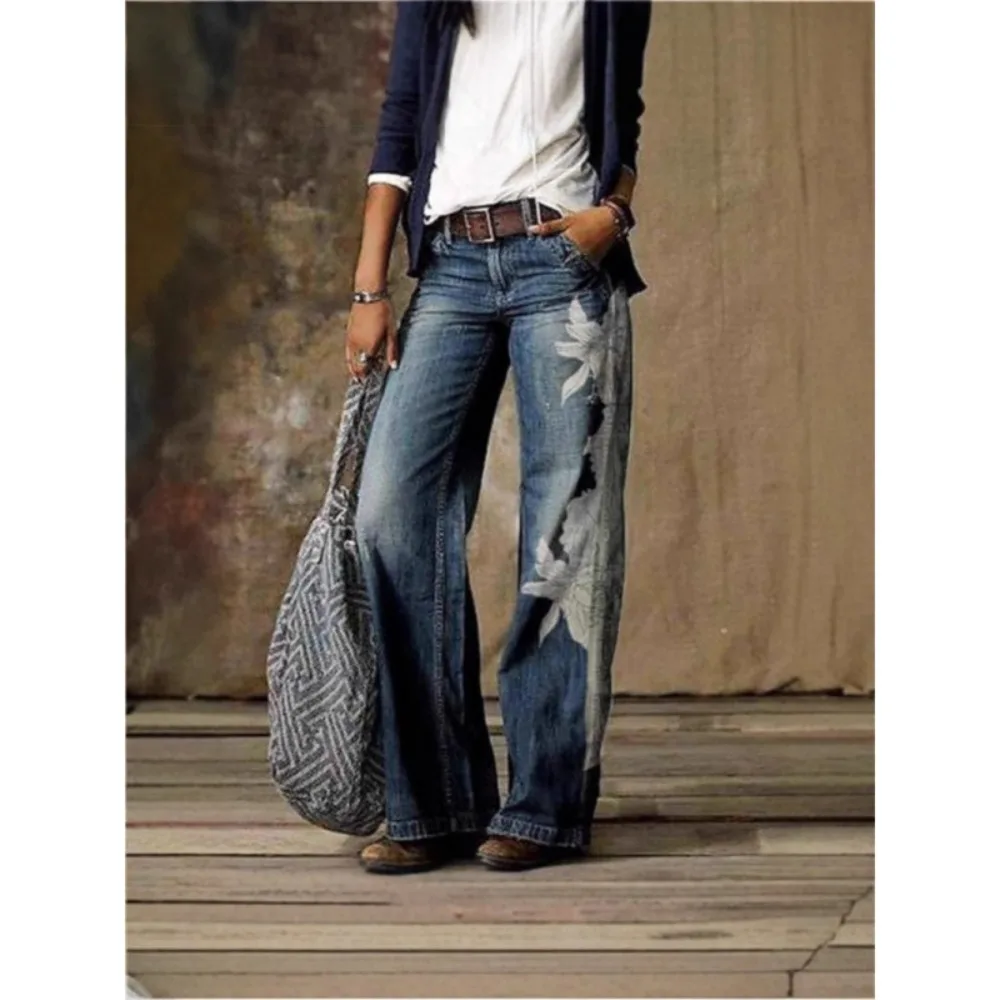 Women Faux Denim Wide Leg Pants High Waisted Functional Pockets Loose Fit Soft Breathable Flattering Daily Casual Comfy New