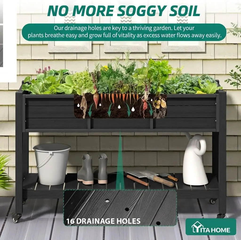 Elevated Raised Garden Bed With Wheels, HDPE Standing Planter Box Container, Mobile Outdoor Wooden Style Plant Bed With Storage Shelf, Patio Yard Greenhouse Vegetables Flowers Planter Stand, Black