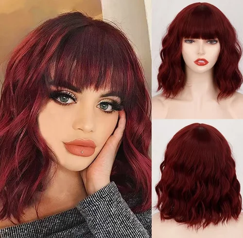 Fashion wig Women's mid-length curly hair air bangs Burgundy shoulder length corn perm synthetic fiber wig set