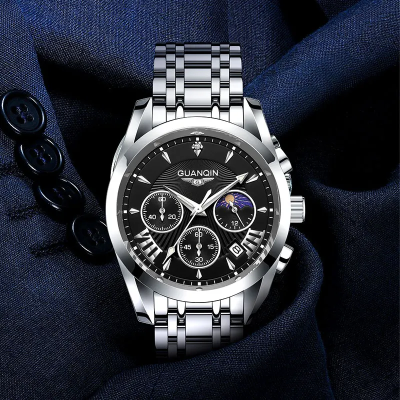 GUANQIN Stainless steel Luxury Quartz Men\'s watches Moon Phase Waterproof Sapphire watch for men With drill Luminous Chronograph