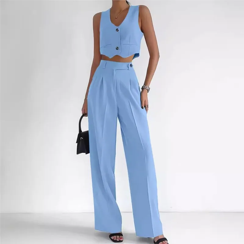 Elegant Two Piece Sets for Women Summer Buttoned Vest High Waist Wide Straight Leg Pants Set Office Lady Commuting Streetwear