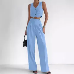 Elegant Two Piece Sets for Women Summer Buttoned Vest High Waist Wide Straight Leg Pants Set Office Lady Commuting Streetwear