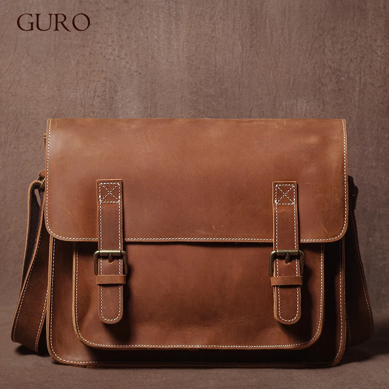 

GURO Retro Crazy Horse Cowhide Messenger Bag Genuine Leather Shoulder Bag Men Deluxe Crossbody Cambridge Bag For 12.9 Inch Ipad