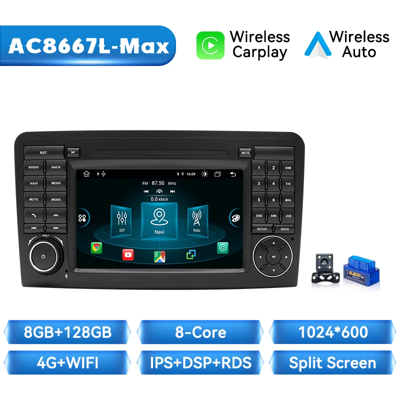 8G + 128G Draadloze Carplay Android 14 Autoradio Multimedia Voor Benz Ml 320/350/W164(2005-2012) Gl Dsp Navigatie 4G Wifi Head Unit