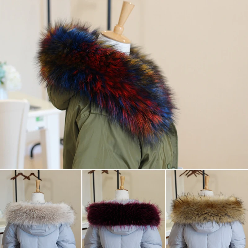 Winter Thicken Warm Faux Fur Collar Multicolor Fake Fur Scarf Down Coat Jacket Hood Fur Trim Decor Fashion Clothes Accessories