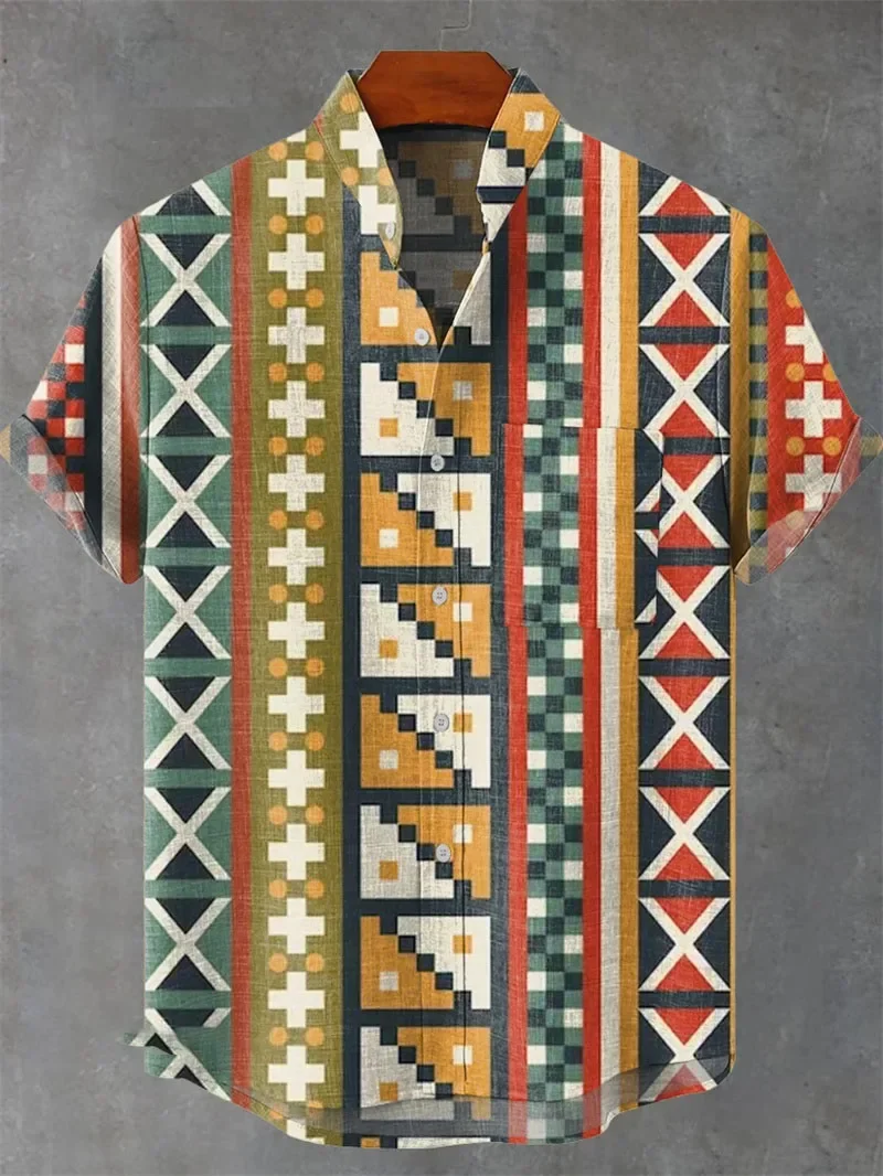 جديد الرجال العرقية نمط ثلاثية الأبعاد طباعة الأساسية قميص هاواي عطلة حفلة قميص الكتان التلبيب الشاطئ قمصان قصيرة الأكمام ملابس خارجية