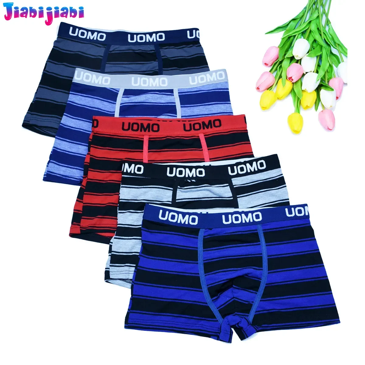 

5pc Men Underwear Breathable Comfortable Stretch Antibacterial Wide Head Boxers Boys Student Youth Travel Striped Casual Shorts