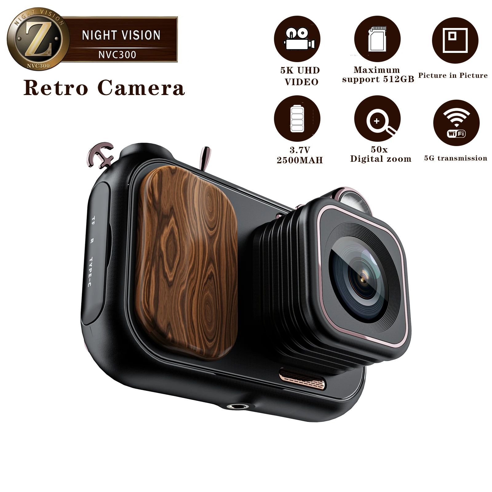 5K Retro Children's Camera with WiFi UHD Video Vlog Recording 50x Magnification Picture-in-Picture LED Flash for Night Observati