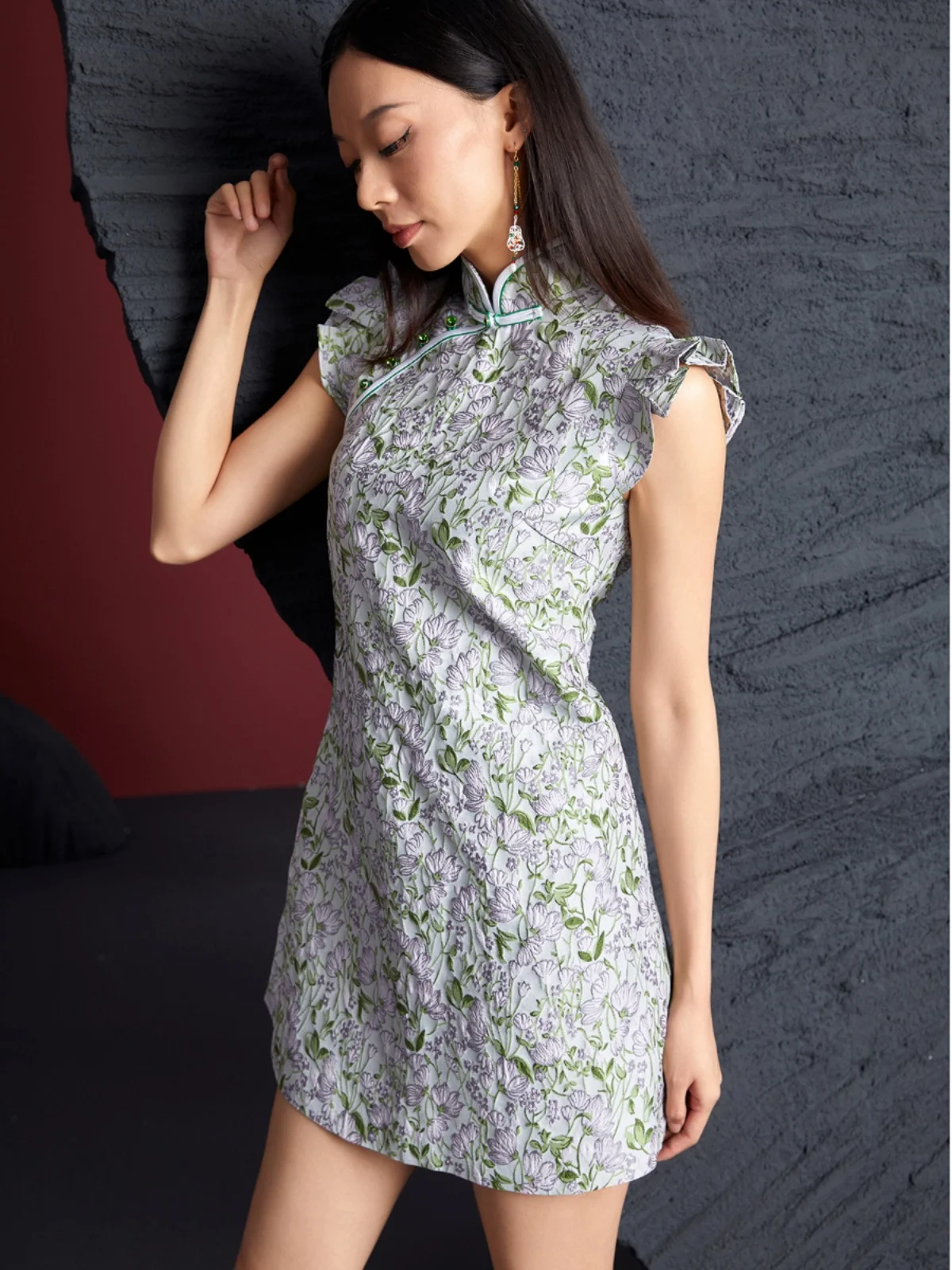 Retro Style Short  by Original  with Embroidered Button Elegant Cotton Blend Daily Wear for Young Women