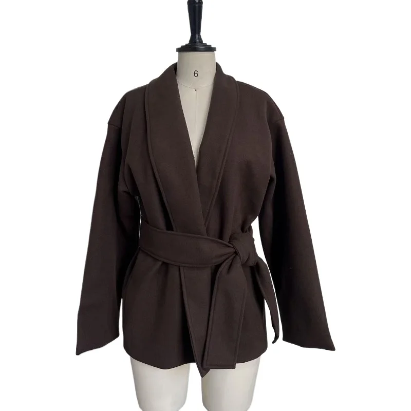 

2026 Elegant Loose Lace-Up Jacket Women' Fashion Solid Stand Collar Long Sleeves Woolen Coat Winter Commuting Coat Female Blends