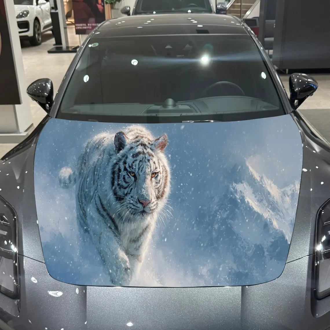 Snow Tiger Brave Exploration Charm PVC Car Hood Wraps, Self-Adhesive Waterproof Car Bonnet Decal Sticker, Car Decoration Protect
