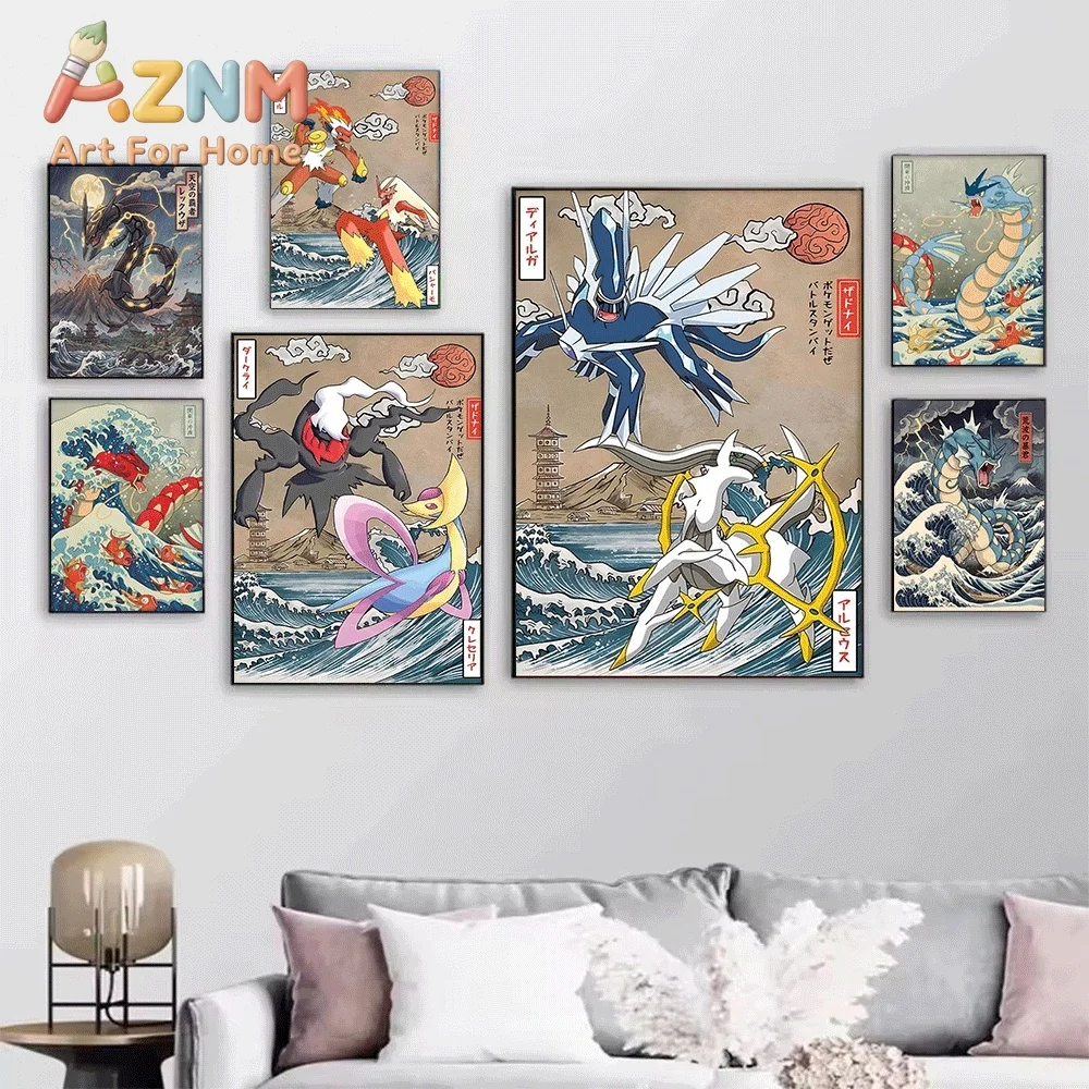 Pokemon Charizard Canvas Painting Unframed Japanese Ukiyo-e Style Anime Creature Wave Wall Art Poster for Home Room Decor