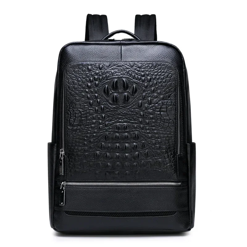 2024 New Cow Genuine Leather Men Backpacks Alligator Real Natural Leather Student Backpack Luxury Brand Computer Laptop Bags