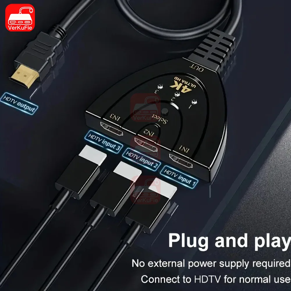 3-in-1 Out Video Splitter 4K 3D High Definition Output HDTV Switch One-Key Switch Signal Transfer for Household Visual Sharing