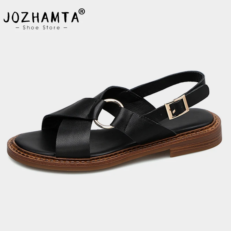 JOZHAMTA Size 34-40 Women Sandals Genuine Leather Low Heels Shoes For Women Summer 2023 Rome Retro Flats Sandal Casual Luxury