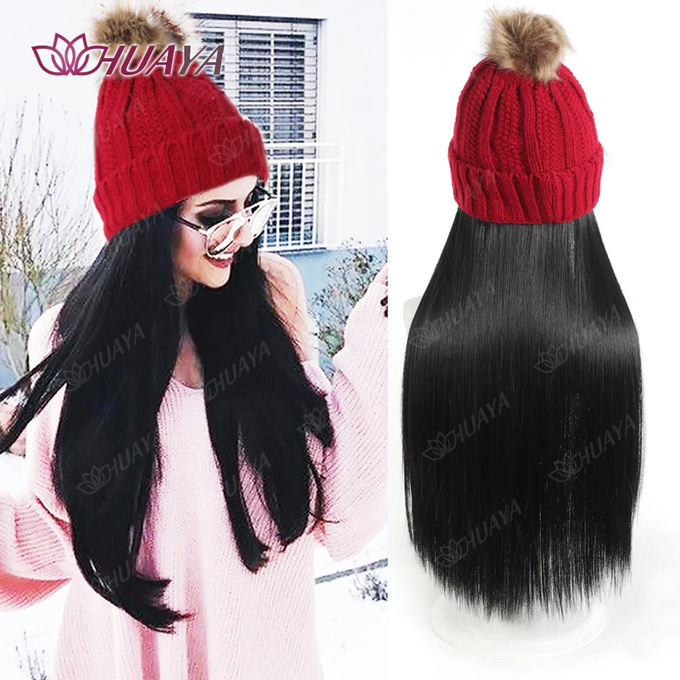 Winter Female Hat Wig With Long Straight Hair Extensions Women Synthetic Wig with Winter Cap Warm Knit Hat Wig