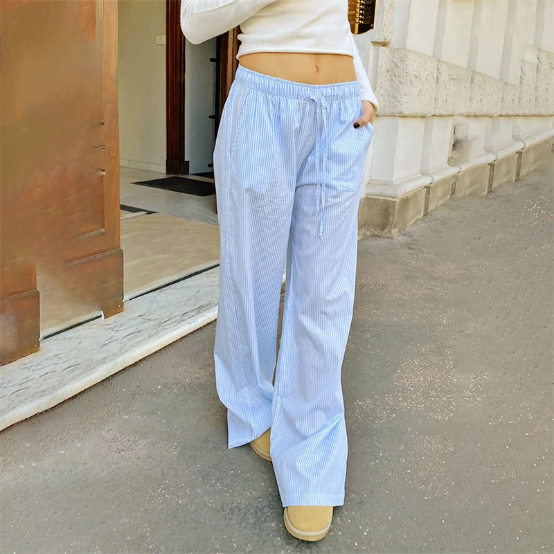 Women Sweatpants Summer Fashion Casual Stripe Print Pants Drawstring Elastic Waist Loose Casual Pockets Streetwear Trousers