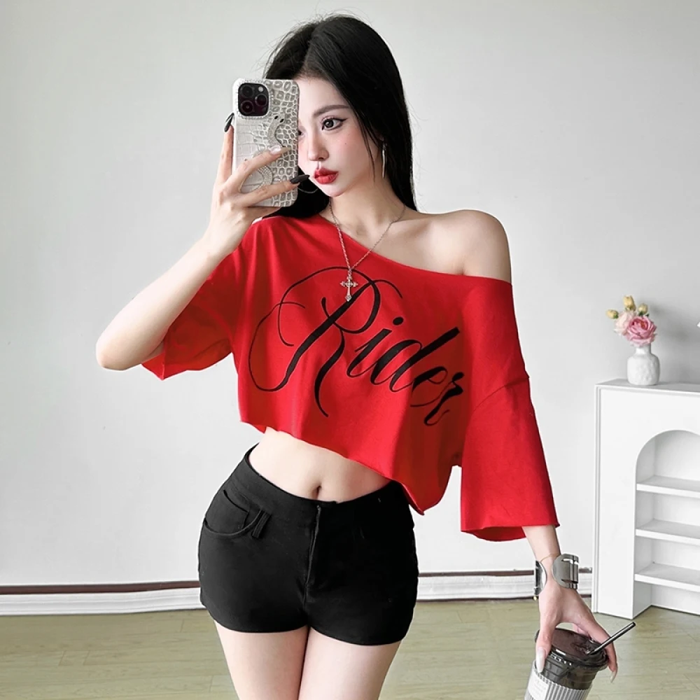 SylCue Letter Print Oversized T-shirt Women Skew Collar Short Sleeves Off Shoulders Irregular Hem Hip-hop Style Trend Crop Tops image 2