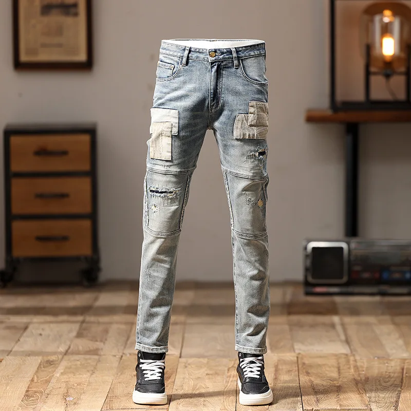 Nostalgic Retro Biker's Jeans Men's Stitching Patchwork Street Slim Fit Skinny Embroidered Ruan Handsome Personality Trousers