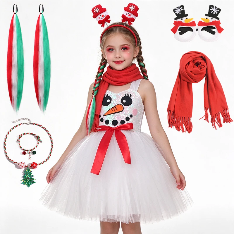Hot Fancy Little Girls Christmas Snowman Sequin Fluffy Tutu Princess Dress Xmas Party Performance Celebration Children's Costume