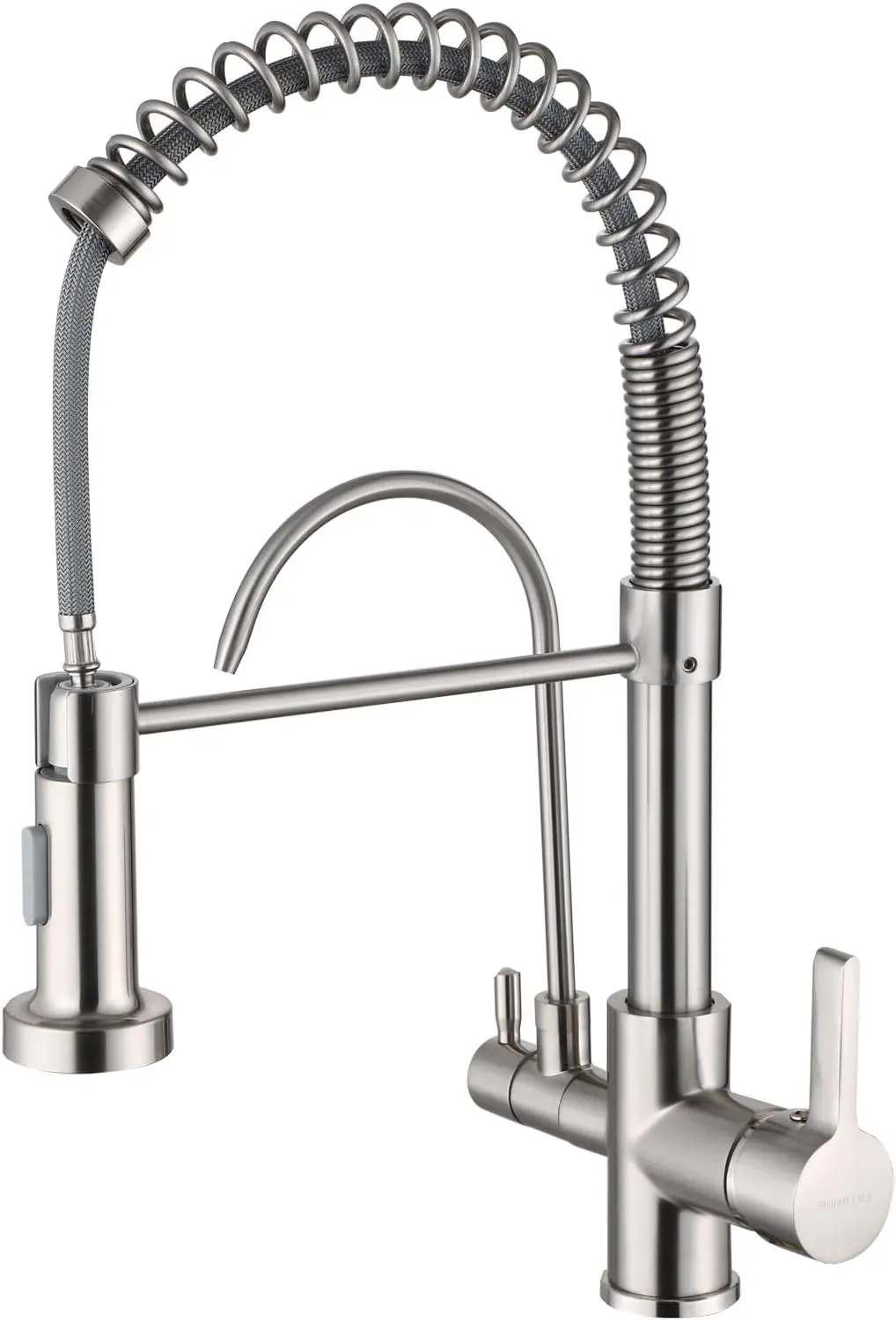 

Смеситель для кухни 3-в-1 из матового никеля с выдвижным распылителем, RO-краном с двойной ручкой, твердой латунь, совместимым фильтром для воды