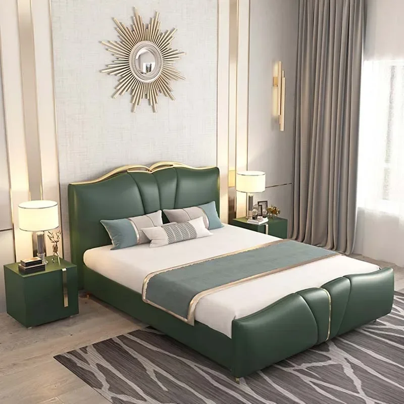 

Light Luxury Leather Bed Quality Wedding Soft King Size Lounger Wood Bed Frame Teenager European Designer Cama Home Furniture