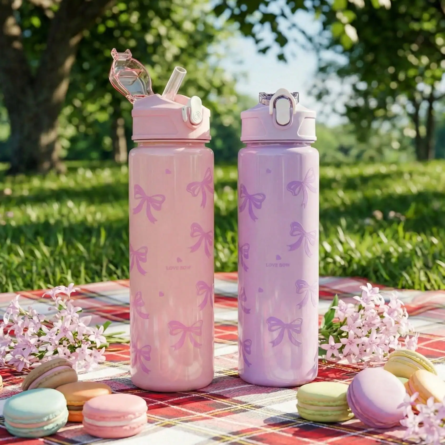 BENNY 800ml Bowknot Design Leak-Proof Tritan Plastic Water Bottle, With Pop-Up Lid, 27oz Large Capacity, Pink & Purple, Suitable As Gift For Islamic Festivals, Back To School, Christmas For Ladies & Teens sh260506134872599111816