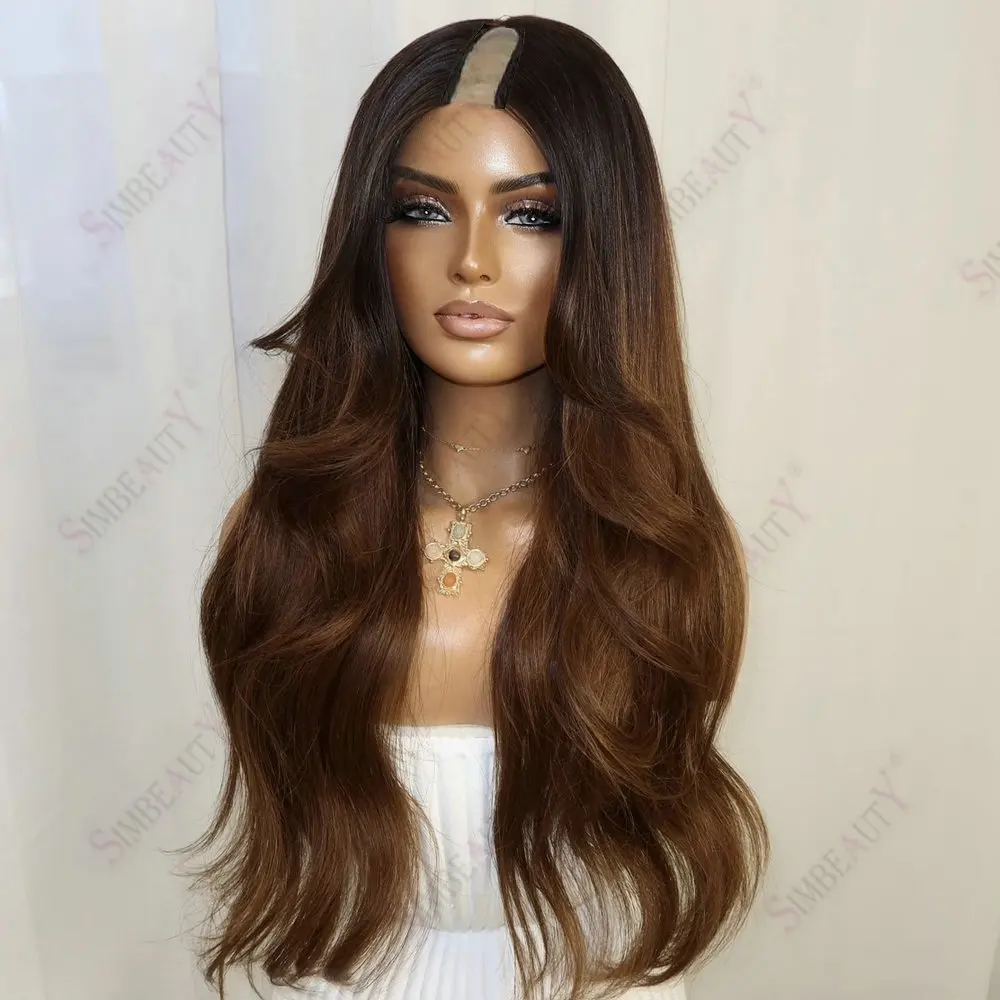 Chestunt Brown Ombre 1X4 Größe U-Part-Perücken Echthaar Einfach zu Tragen Leicht Gewellt Kleberlos Vollmaschinell Hergestellt V-förmige Perücken Echthaar – Detail 3