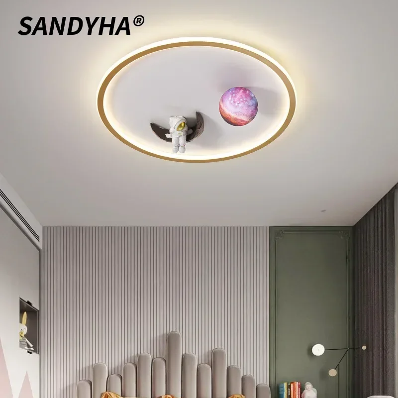 SANDYHA Cartoon Astronaut LED Ceiling Light Nordic Dream Space Children's Room Lamps Boy Bedroom Creative Decor Lighting Fixture