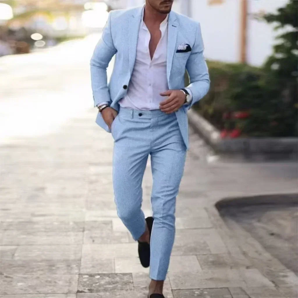 Casual Linen Tuxedo Suits for Men 2 Pieces Blazer and Pants Set Notched Lapel Men\'s Suit for Wedding Summer Beach Prom Party