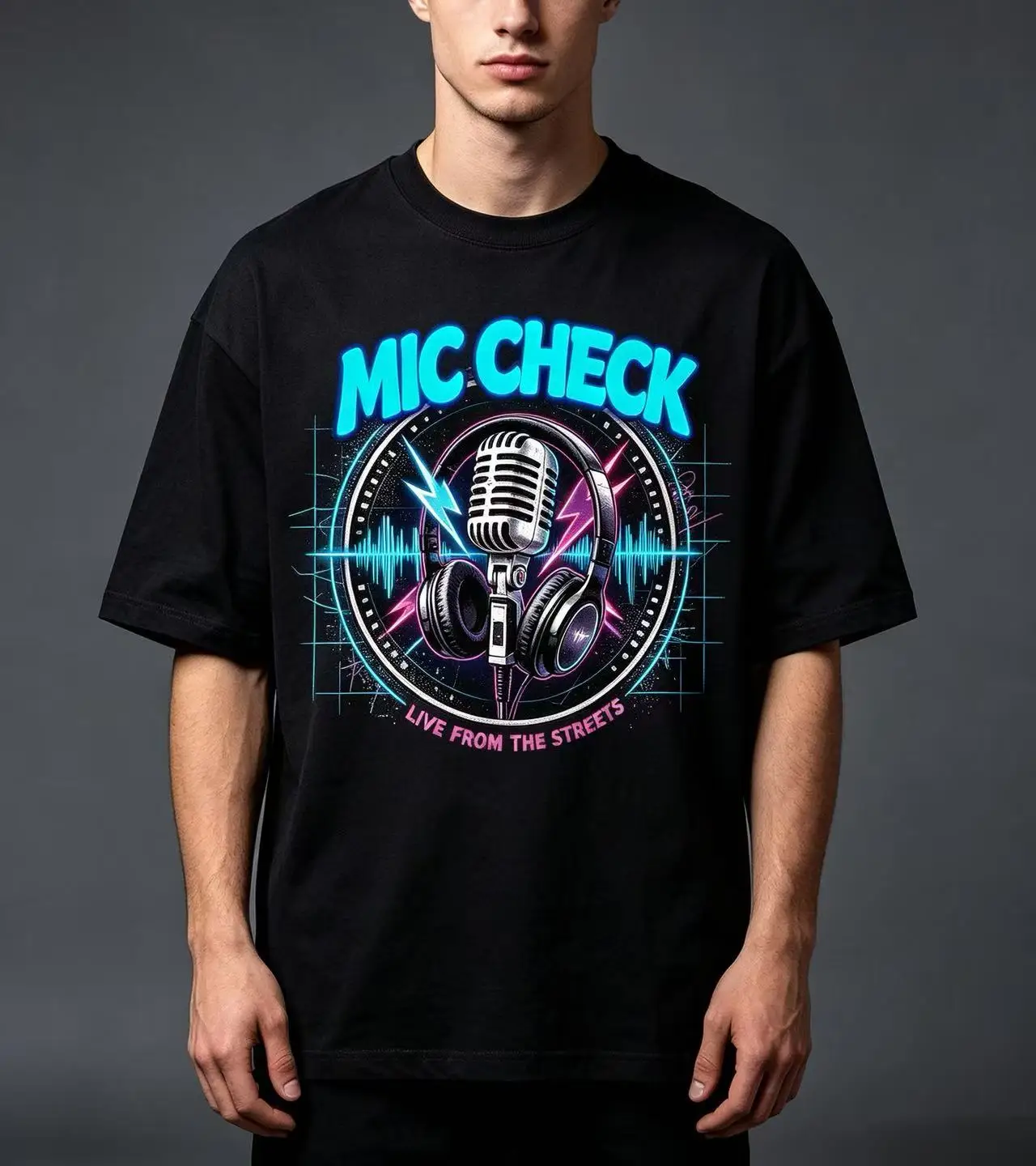 Unisex Mic Check Retro Microphone Headphone Music Graphic T Shirt Men Women Neon Lightning Soundwave Hip Hop Print Oversized Crew Neck Cotton Tee
