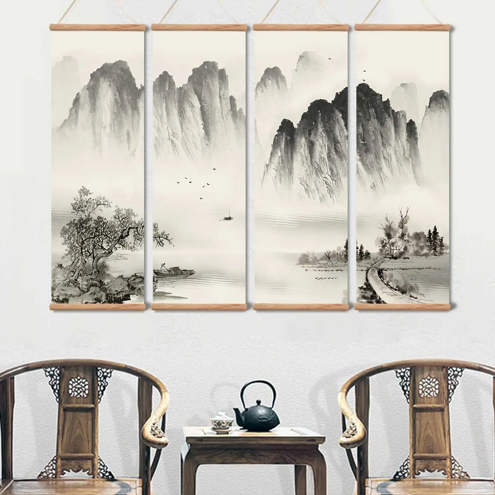 Chinese Ink Landscape Canvas Scroll Paintings Posters Prints Wall Art Pictures for Livingroom Vintage Home Decor with Frame