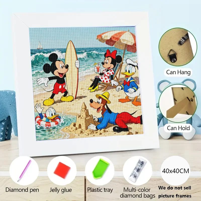 

1PC DIY 5D Full Drill Diamond Painting Kit, Disney Mickey Mouse Minnie Donald Duck Goofy Summer Beach Fun Vacation Scene, Cartoo