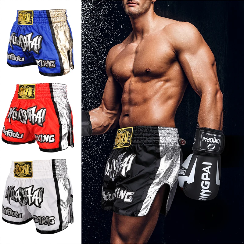 Muay Thai Shorts Embroidery Thai Boxing Shorts Men Women Kids Satin BJJ MMA Clothes Gym Grappling Cage Fight Kickboxing Shorts