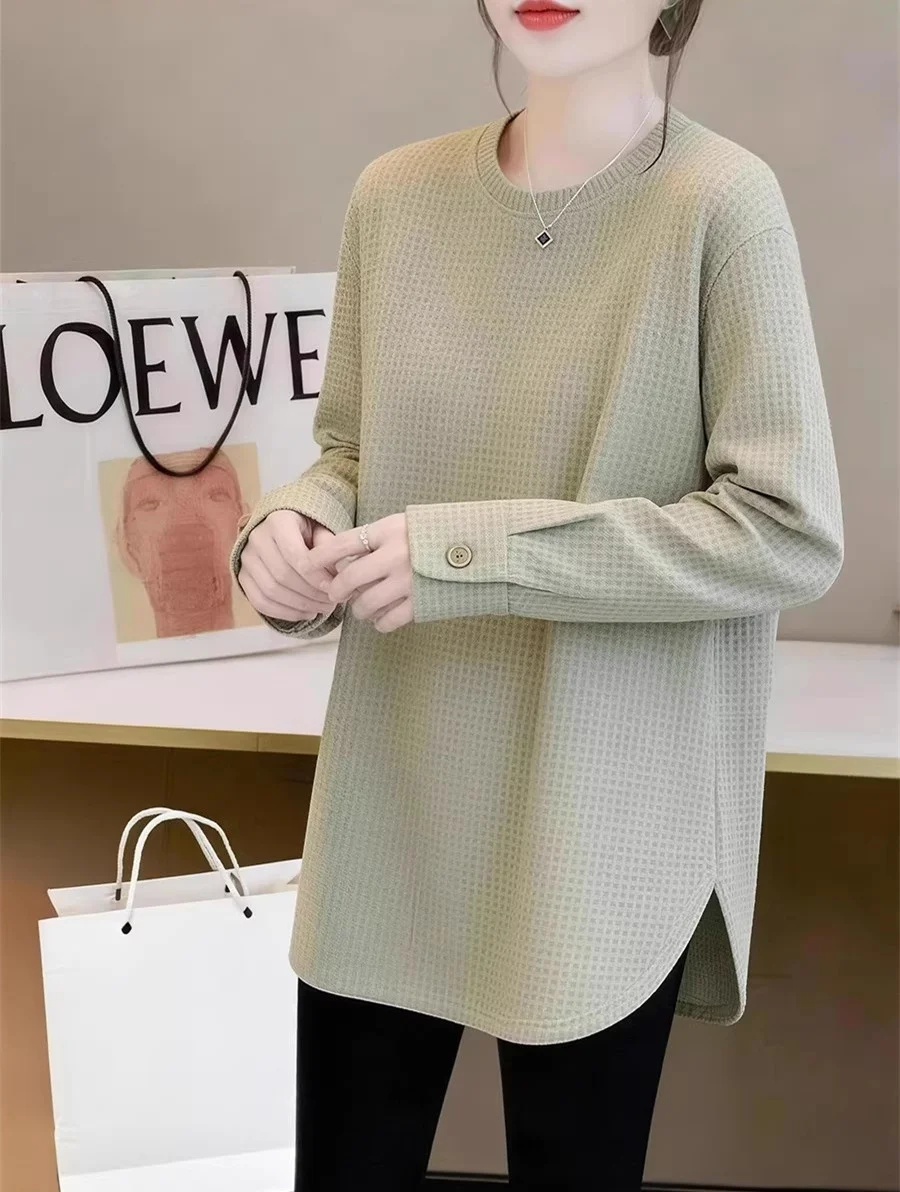 Loose Fit Long Sleeve Fleece Lined mid Length Women's T-Shirt Green Butt Covering plus Size Slit Ins Trendy Brand T-Shirt