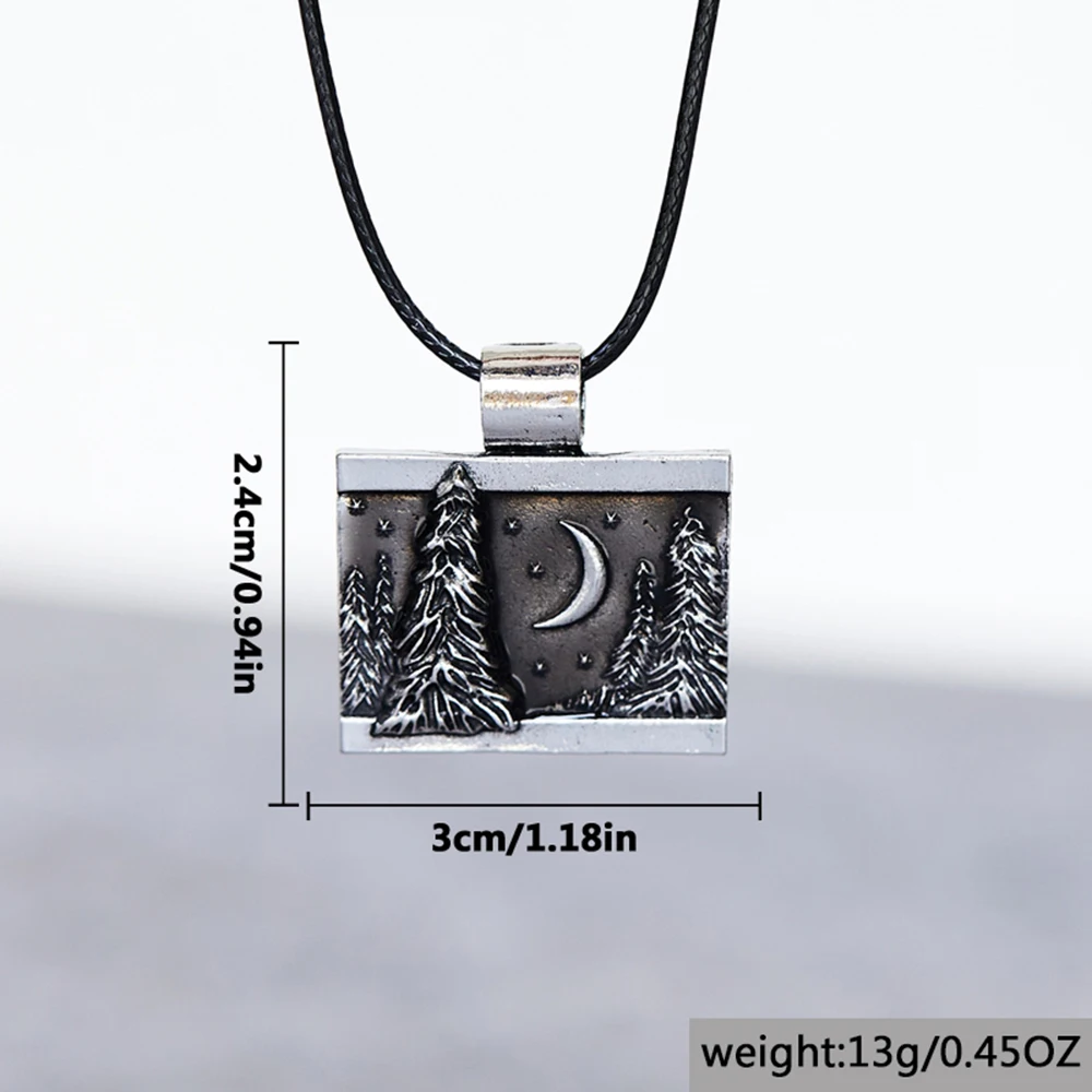 Retro Black Forest Moon Necklace Women Vintage Square Pendant Necklace For Men Leather Clavicle Chain Jewelry