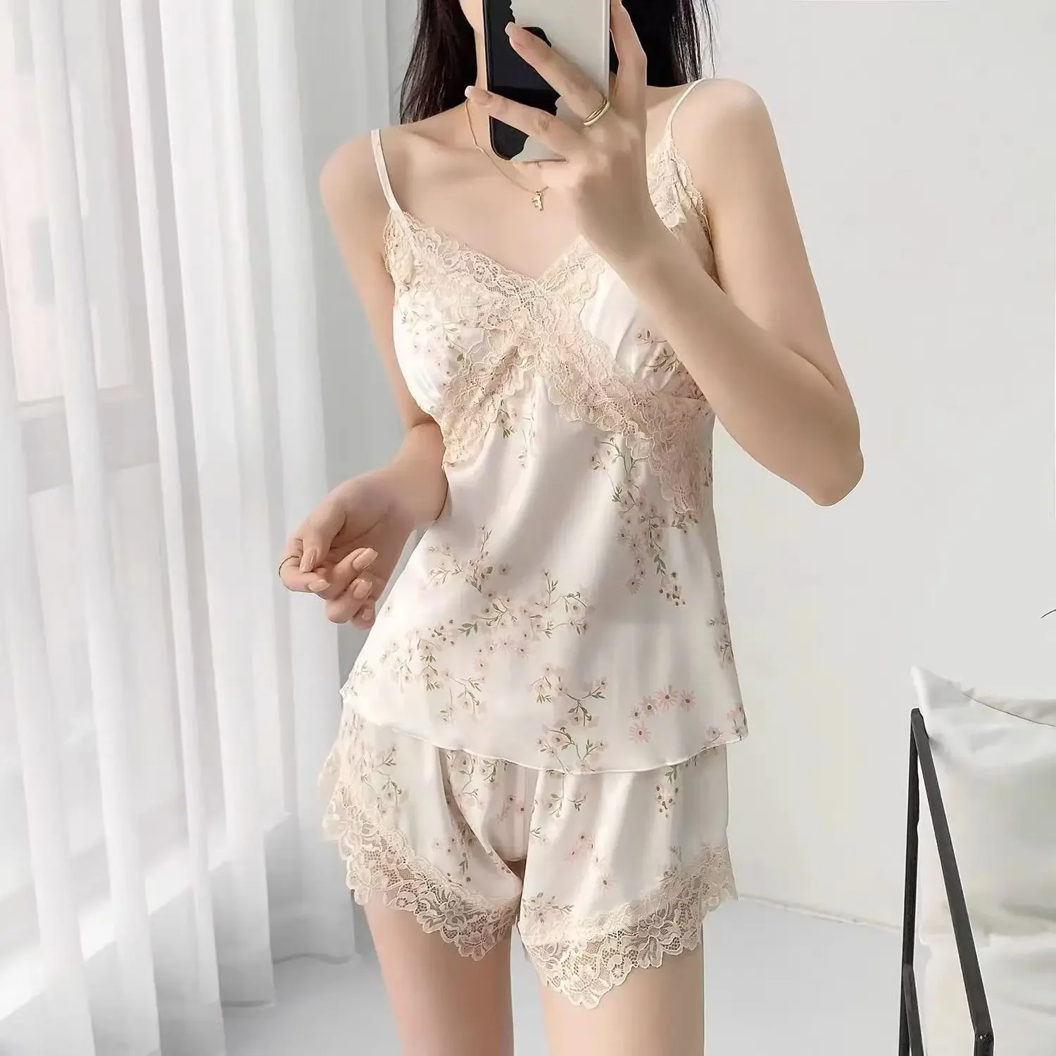 Daeyard Sexy Lace Cami and Shorts 2 Pieces Pajama Set For Women Silk Floral Pjs Lingerie Set Satin Sleepwear Nightwear