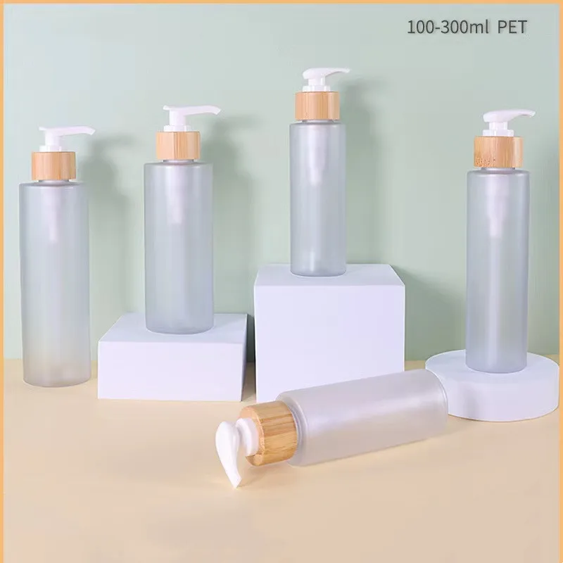 100/120/150/200/250/300ml Frosted Clear Flat Shoulder PET Plastic Lotion Pump Spray Toner Water Bottle with Bamboo Lid Disc Cap