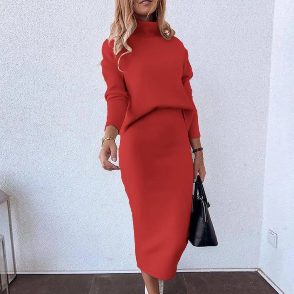 Long-sleeve Skirt Suit Elegant Women\'s High Collar Sweater Skirt Set Solid Color Top Mid-calf Length Skirt Suit Office Commute