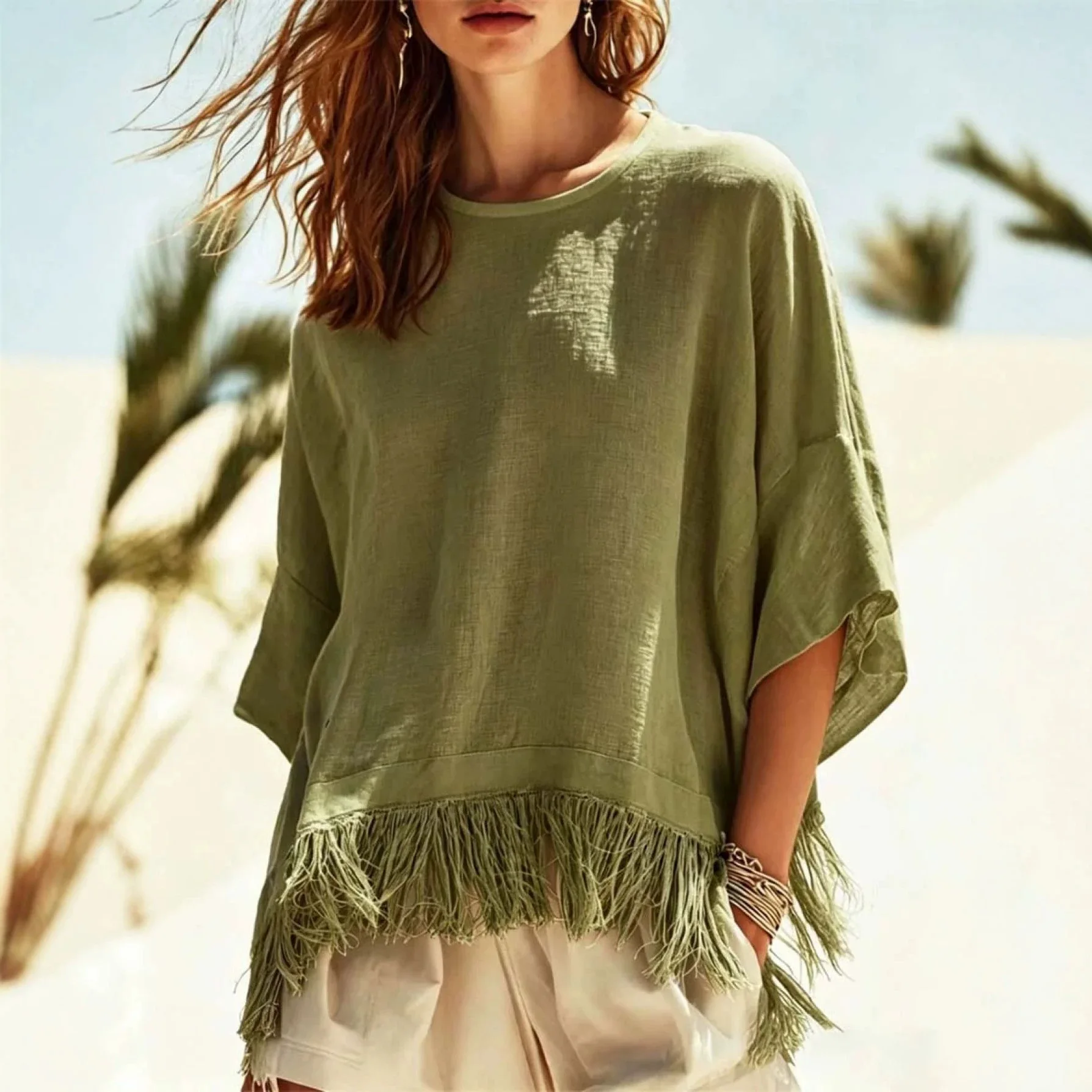 2026 Women's Autumn. And Winter New Fashion Random Circular Neck Tassel Top T-shirt With Mid Keys Evening Dresses Clothes Sexy