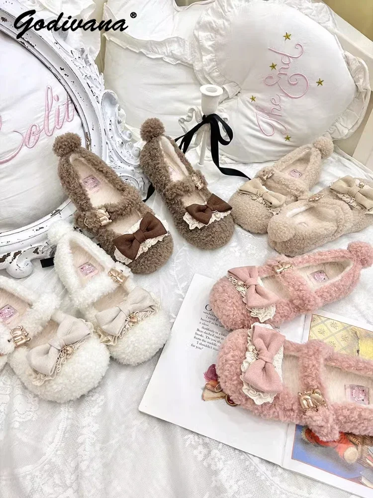 

New Winter Lolita Velvet Cute Flat Shoes Sweet Bow Girl Women's Bear Metal Buckle Plush Warm Shoes